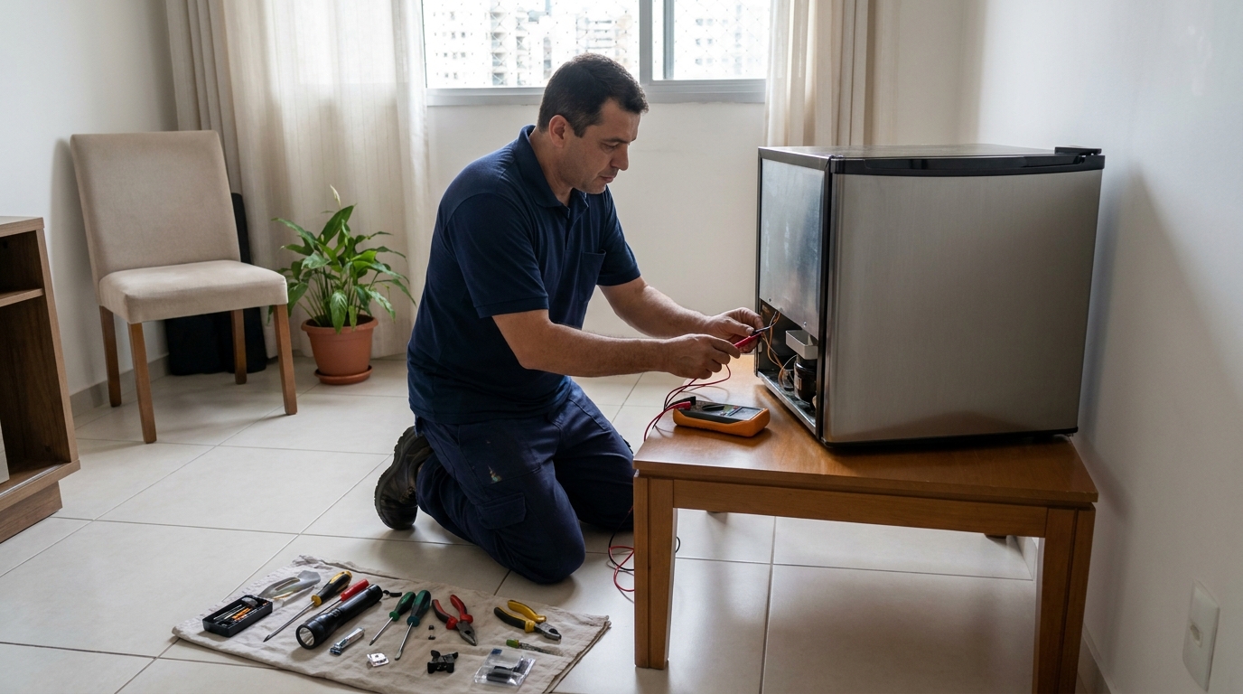 Técnico realizando manutenção de motor de frigobar em Belém‑PA
