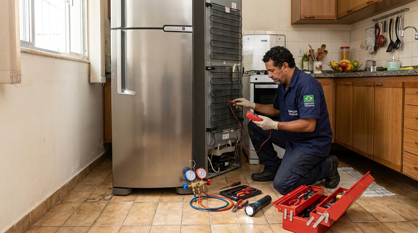 Técnico realizando manutenção de motor de geladeira em Belém‑PA