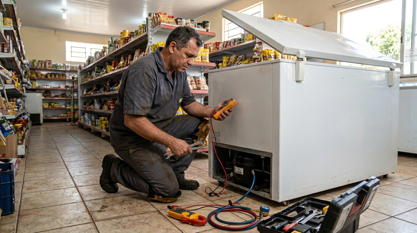 Troca de termostato de freezer em atendimento técnico em Belém‑PA